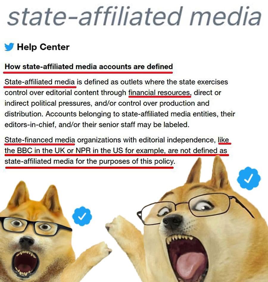 The meme features two dogs wearing glasses and reacting to a text about the definition of "state-affiliated media". The text is a satirical explanation of how state-affiliated media is defined, with a humorous tone. The dogs are shown with shocked expressions, as if they are reading the definition for the first time.